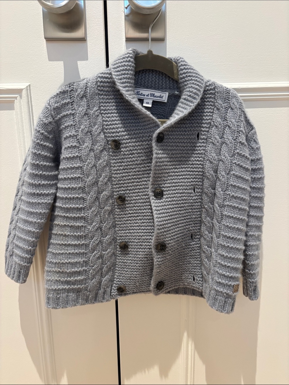 Tartine et Chocolat Dusty Blue Cable Knit Shawl Cardigan